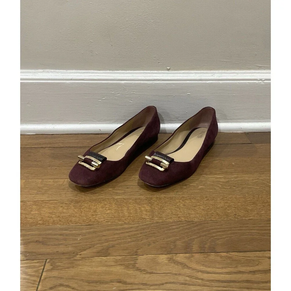 Michael Kors Gloria Women's 7.5 Plum Suede Ballet Flats Gold Buckle Slip-On Shoe